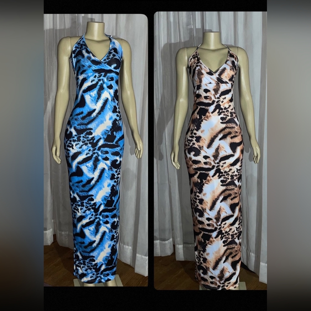 Blue and Brown Animal Print Maxi Dress